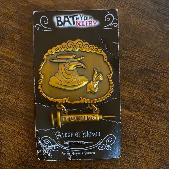 Bat in Your Belfry Jewelry - Goth Plague Doctor Enamel Pin Badge of Honor Antique Gold 2” NEW